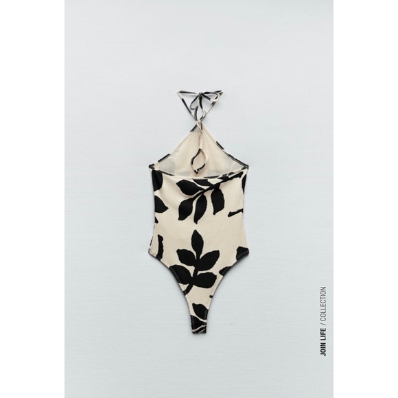 Zara Halter Neck Bodysuit | Black & Cream Print | NWT | Size L - Picture 3 of 6